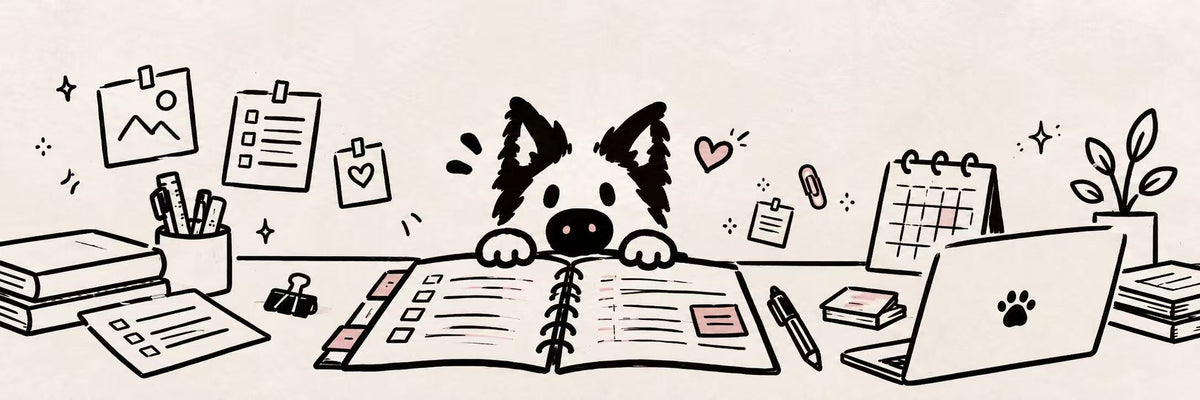 Toto with two pink nose patches, peeking over a planner on an illustrated study desk